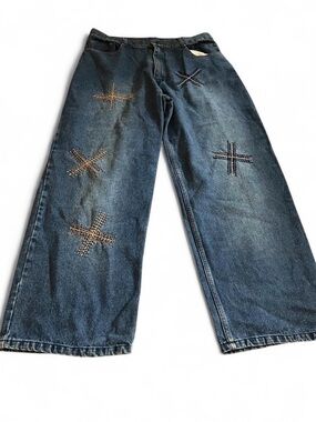 Men’s Vintage Baggy YKK Denim Blue Jeans Embroidered Size 36